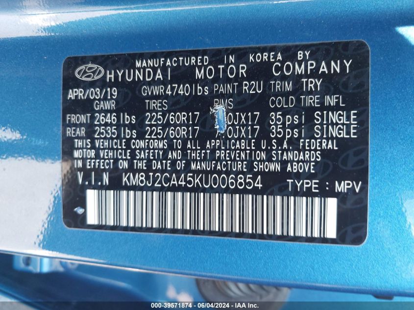 2019 Hyundai Tucson Se VIN: KM8J2CA45KU006854 Lot: 39571874