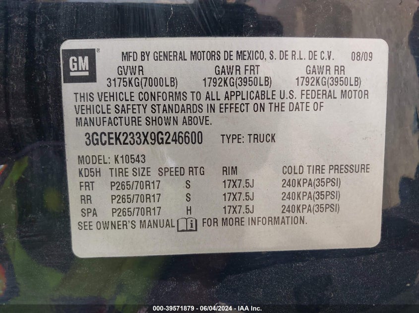 2009 Chevrolet Silverado 1500 Lt VIN: 3GCEK233X9G246600 Lot: 39571879