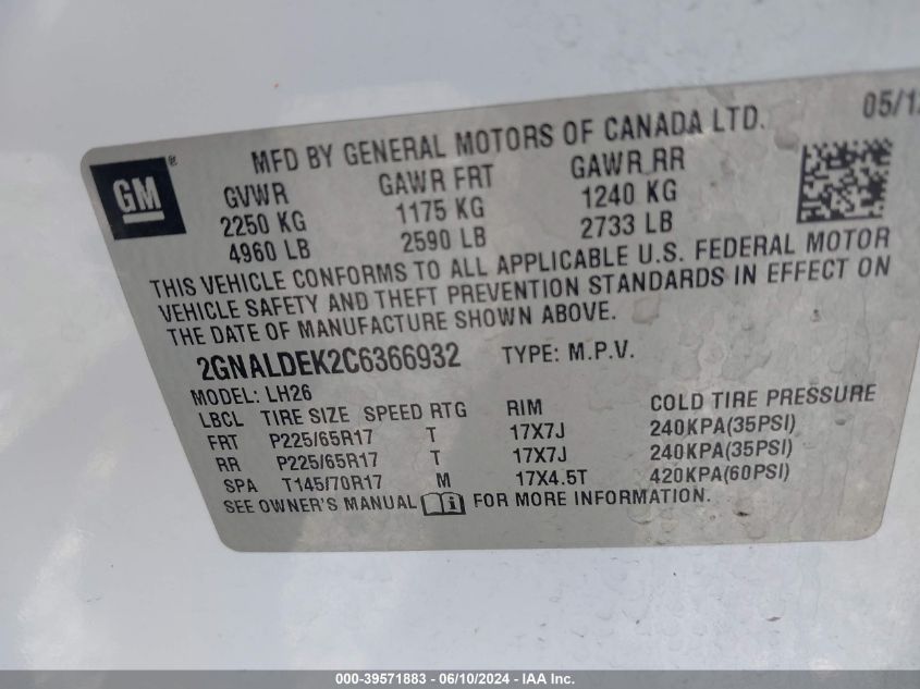 2012 Chevrolet Equinox 1Lt VIN: 2GNALDEK2C6366932 Lot: 39571883