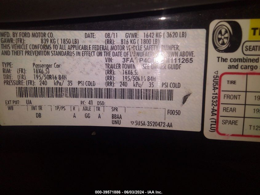 2012 Ford Fiesta Sel VIN: 3FADP4CJ8CM111265 Lot: 39571886