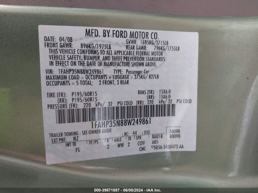 2008 Ford Focus Se/Ses VIN: 1FAHP35N88W249861 Lot: 39571887