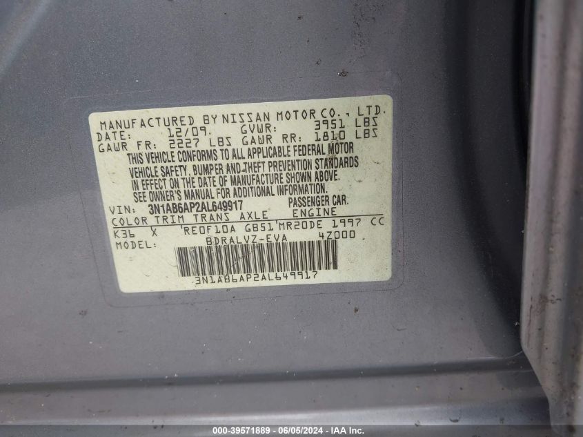 2010 Nissan Sentra 2.0Sl VIN: 3N1AB6AP2AL649917 Lot: 39571889