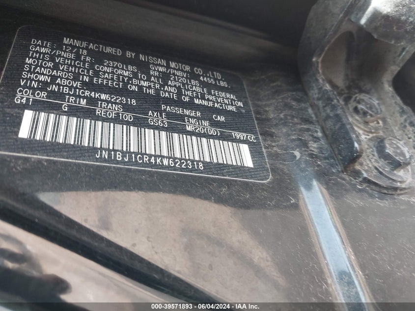 2019 Nissan Rogue Sport S VIN: JN1BJ1CR4KW622318 Lot: 39571893