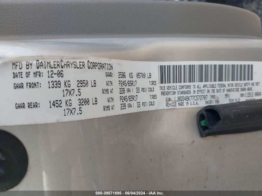 2007 Jeep Grand Cherokee Laredo VIN: 1J8GS48K77C572707 Lot: 39571895