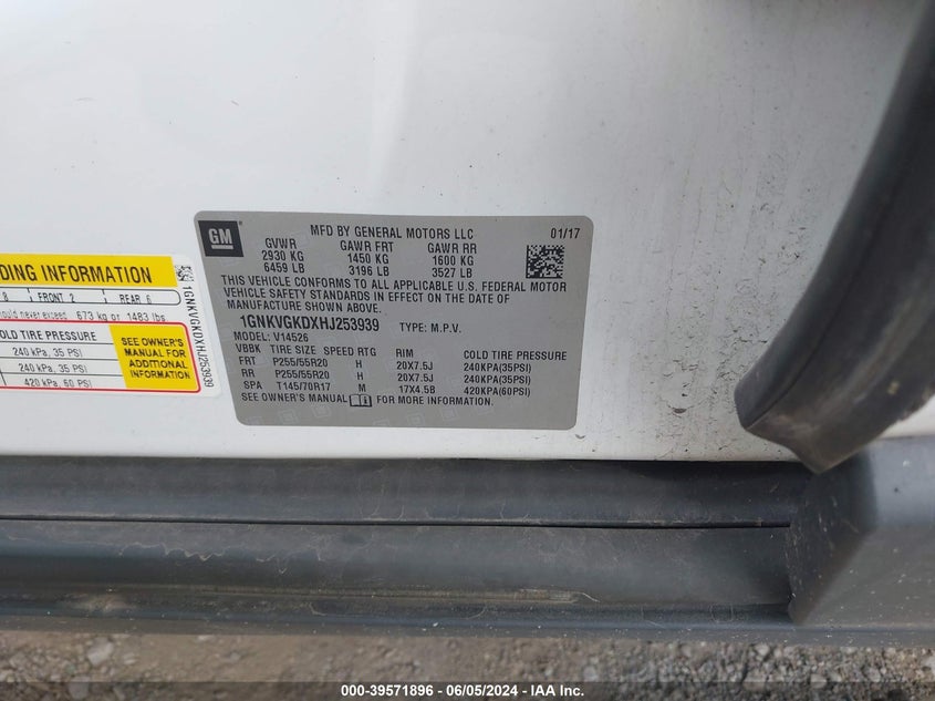 2017 Chevrolet Traverse 1Lt VIN: 1GNKVGKDXHJ253939 Lot: 39571896