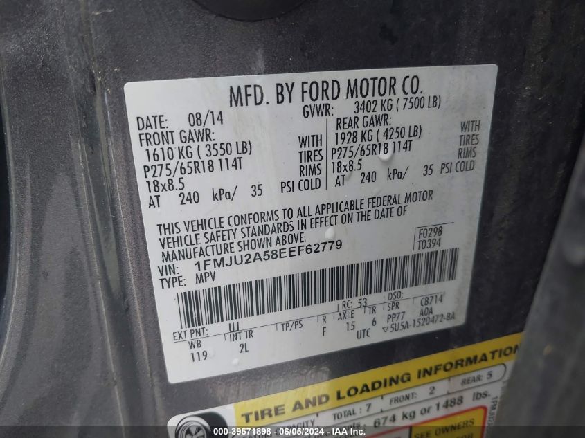 2014 Ford Expedition Limited VIN: 1FMJU2A58EEF62779 Lot: 39571898