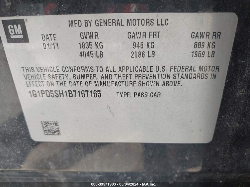 2011 Chevrolet Cruze Ls VIN: 1G1PD5SH1B7167165 Lot: 39571903