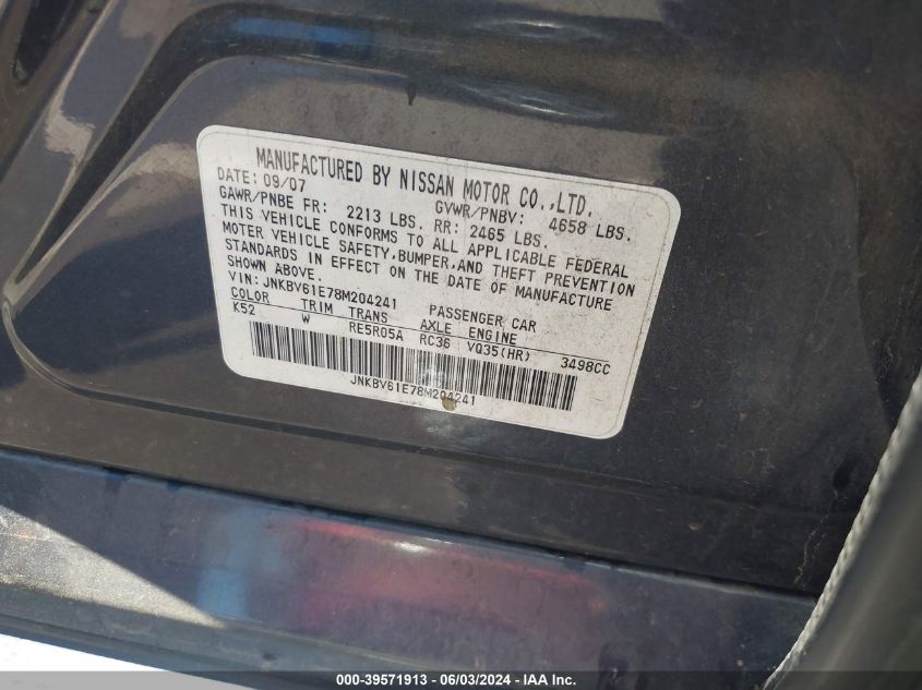 2008 Infiniti G35 Journey VIN: JNKBV61E78M204241 Lot: 39571913