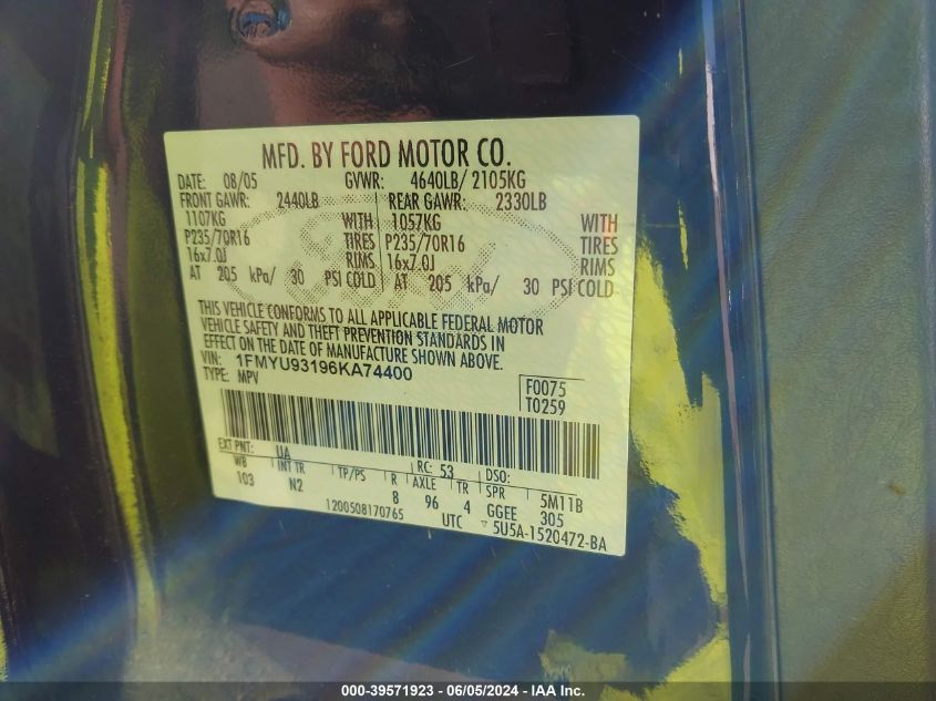 2006 Ford Escape Xlt/Xlt Sport VIN: 1FMYU93196KA74400 Lot: 39571923