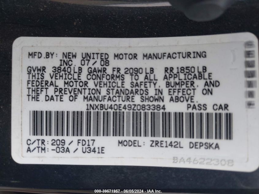 2009 Toyota Corolla S VIN: 1NXBU40E49Z083384 Lot: 39571957