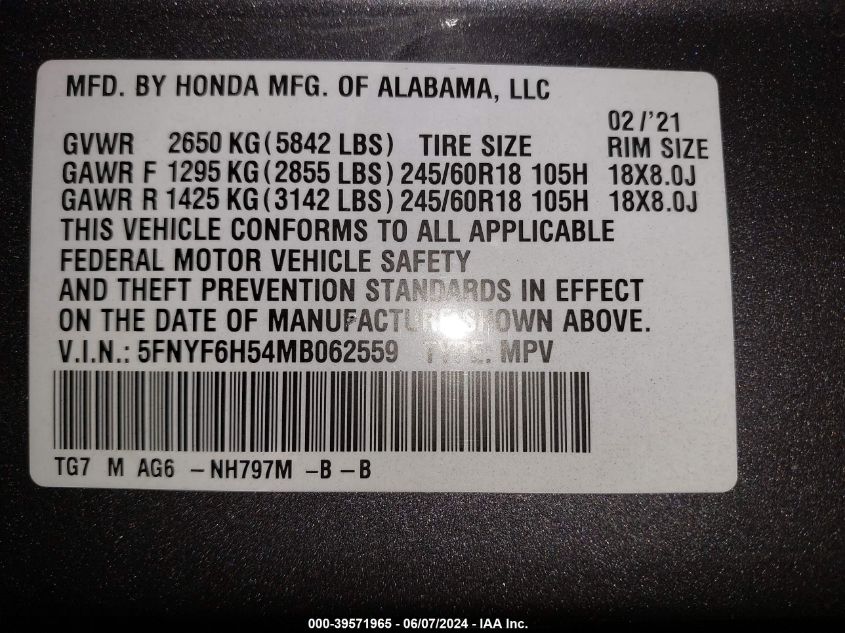 2021 Honda Pilot Awd Ex-L VIN: 5FNYF6H54MB062559 Lot: 39571965