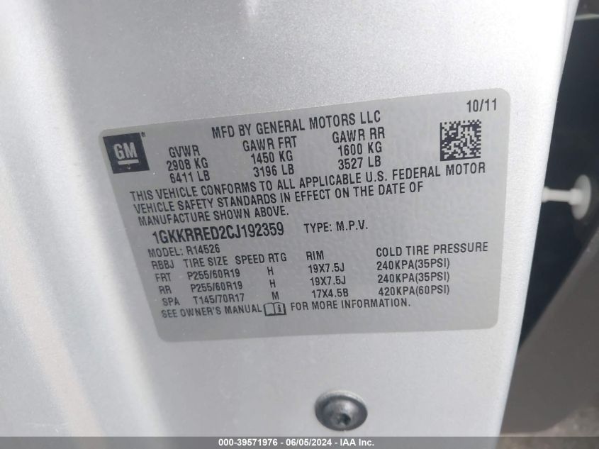 2012 GMC Acadia Slt-1 VIN: 1GKKRRED2CJ192359 Lot: 39571976