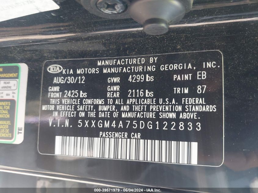 2013 Kia Optima Lx VIN: 5XXGM4A75DG122833 Lot: 39571979