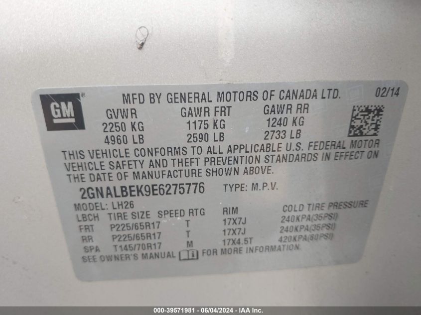 2014 Chevrolet Equinox 1Lt VIN: 2GNALBEK9E6275776 Lot: 39571981