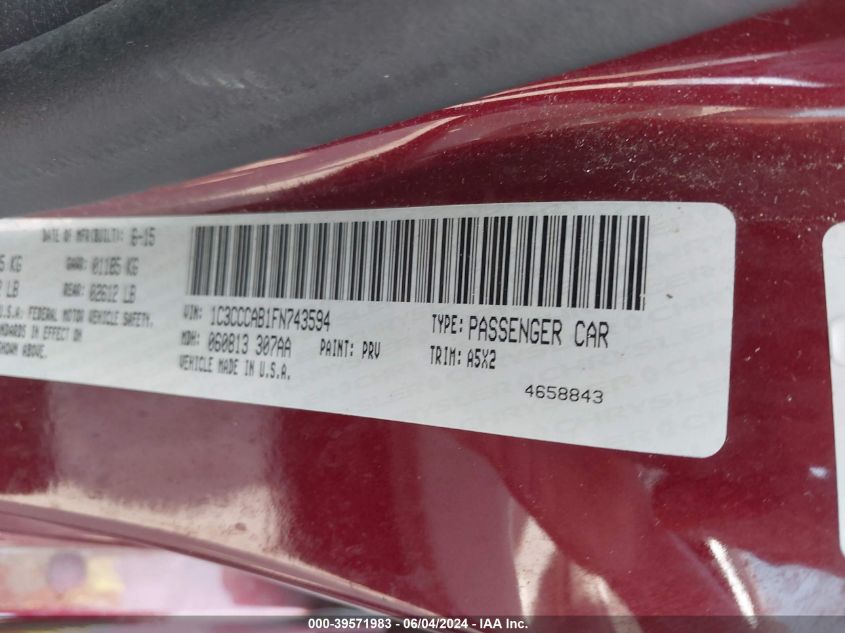2015 Chrysler 200 Limited VIN: 1C3CCCAB1FN743594 Lot: 39571983