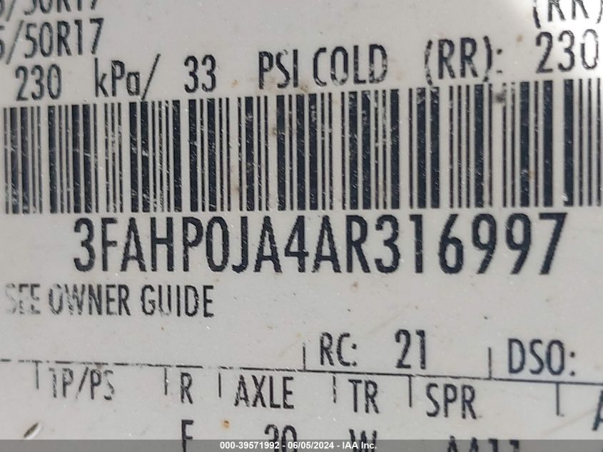 2010 Ford Fusion Sel VIN: 3FAHP0JA4AR316997 Lot: 39571992