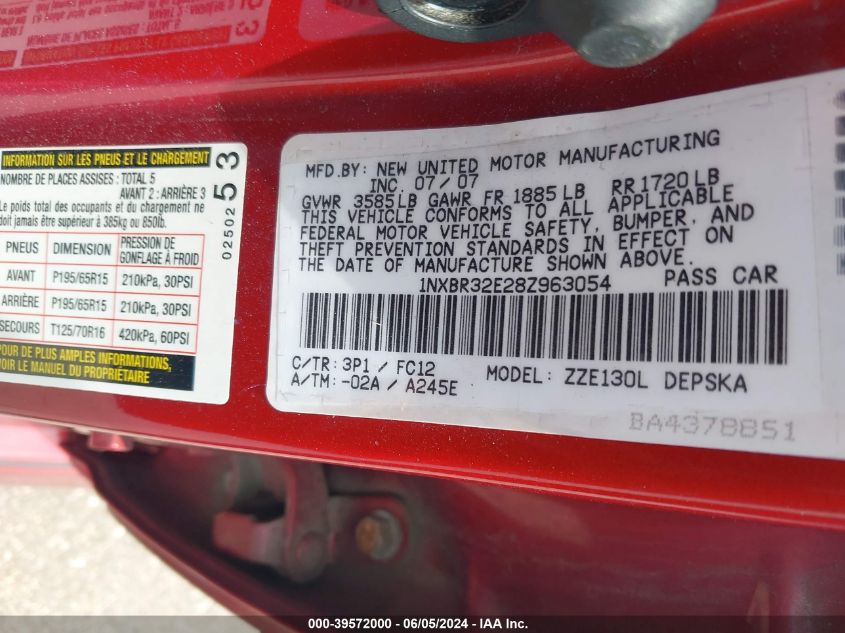 2008 Toyota Corolla S VIN: 1NXBR32E28Z963054 Lot: 39572000