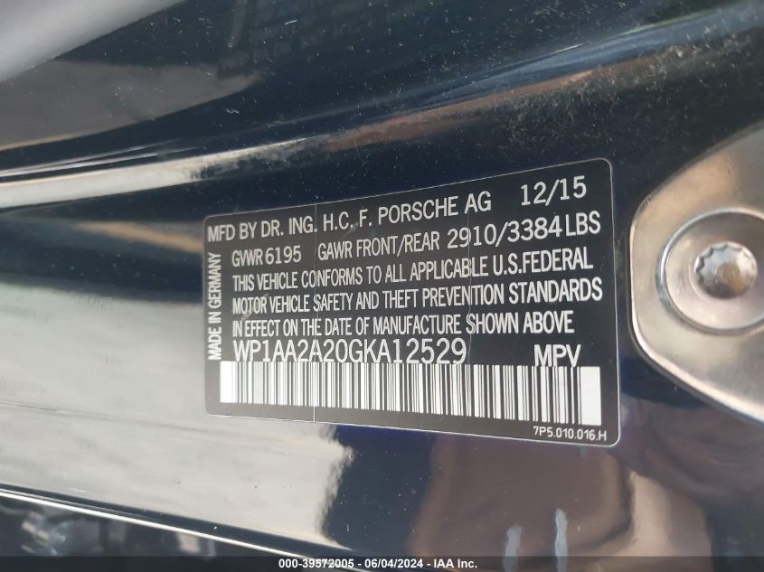 2016 Porsche Cayenne VIN: WP1AA2A20GKA12529 Lot: 39572005