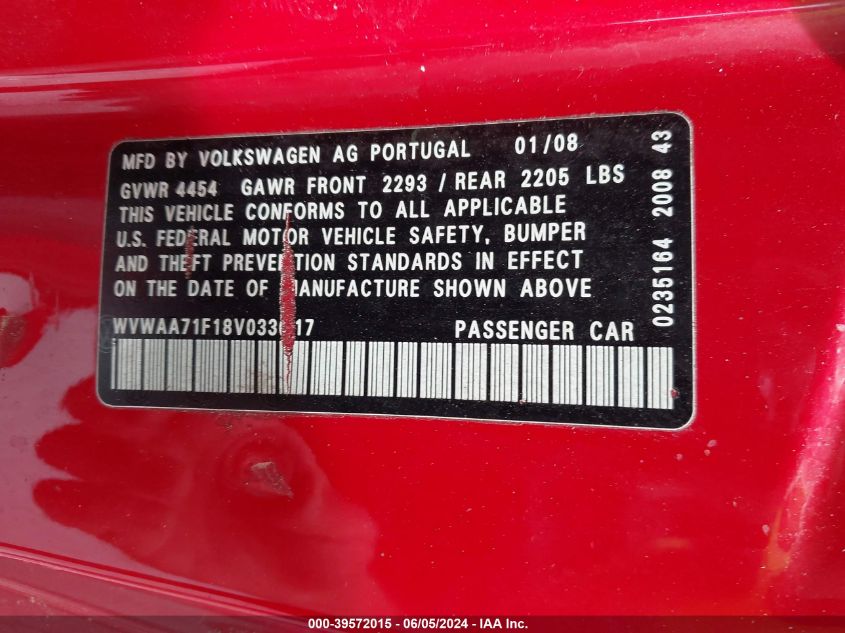 2008 Volkswagen Eos Komfort VIN: WVWAA71F18V033617 Lot: 39572015