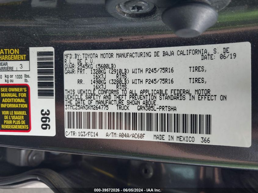 2019 Toyota Tacoma Sr5 V6 VIN: 3TMCZ5AN3KM264775 Lot: 39572026