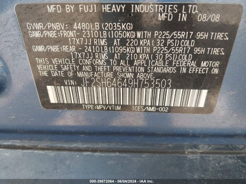 2009 Subaru Forester 2.5X Limited VIN: JF2SH64649H753503 Lot: 39572064