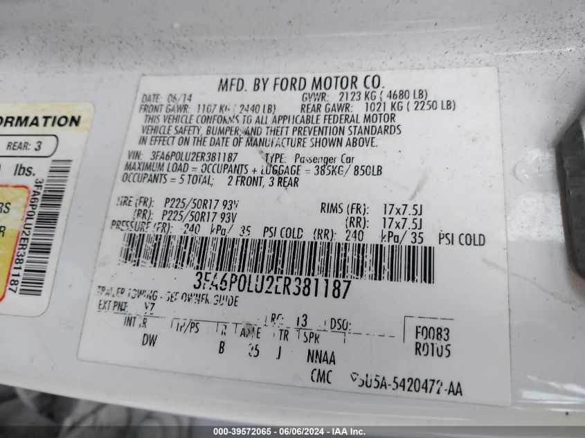 2014 Ford Fusion Se Hybrid VIN: 3FA6P0LU2ER381187 Lot: 39572065