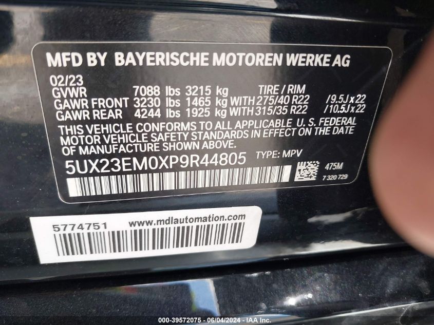 2023 BMW X7 xDrive40I VIN: 5UX23EM0XP9R44805 Lot: 39572075