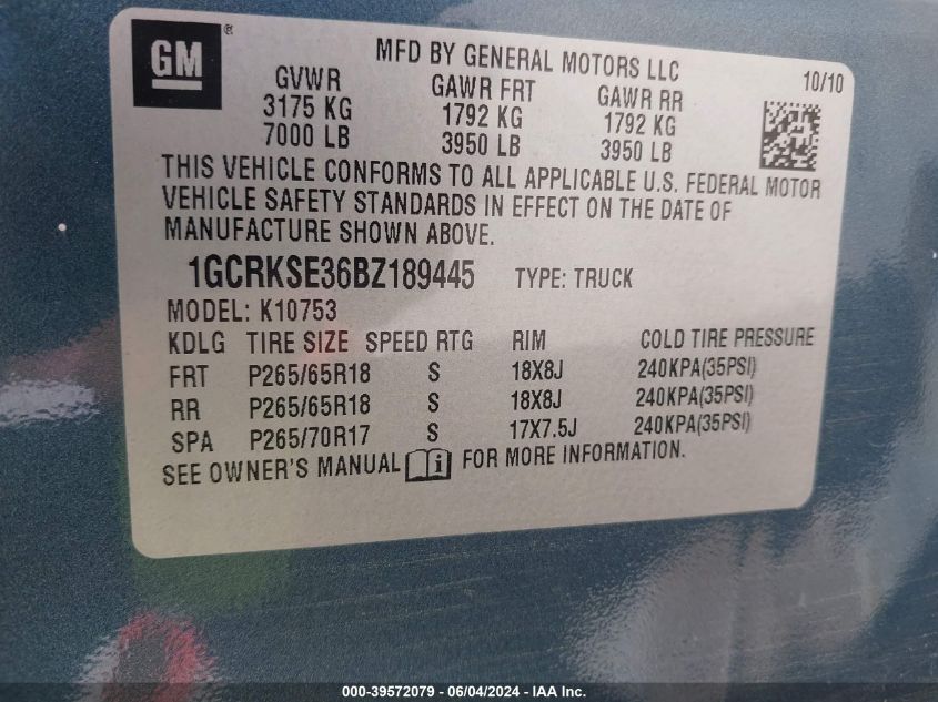 2011 Chevrolet Silverado 1500 Lt VIN: 1GCRKSE36BZ189445 Lot: 39572079