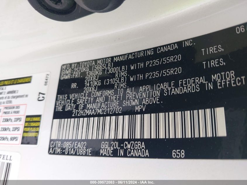 2021 Lexus Rx 350 VIN: 2T2HZMAA7MC212702 Lot: 39572083