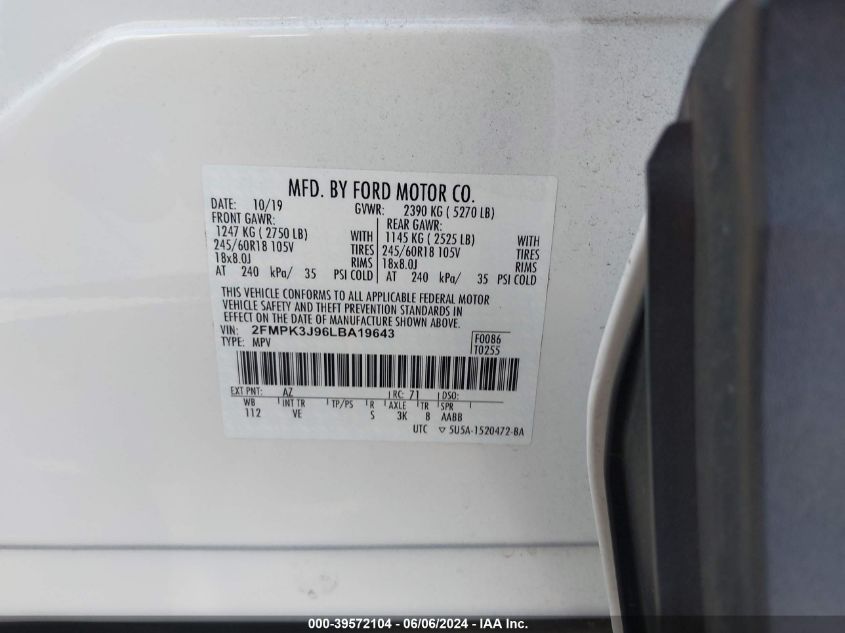 2020 Ford Edge Sel VIN: 2FMPK3J96LBA19643 Lot: 39572104