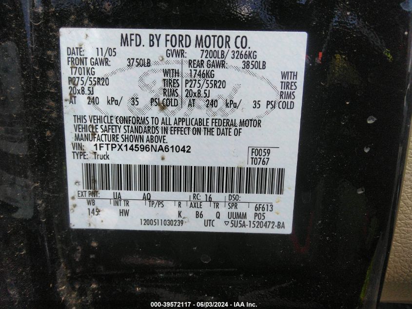 2006 Ford F-150 Fx4/Lariat/Xl/Xlt VIN: 1FTPX14596NA61042 Lot: 39572117