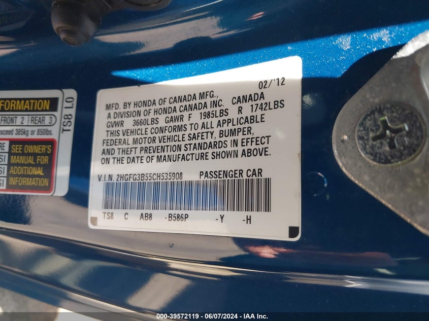 2012 Honda Civic Lx VIN: 2HGFG3B55CH535908 Lot: 39572119