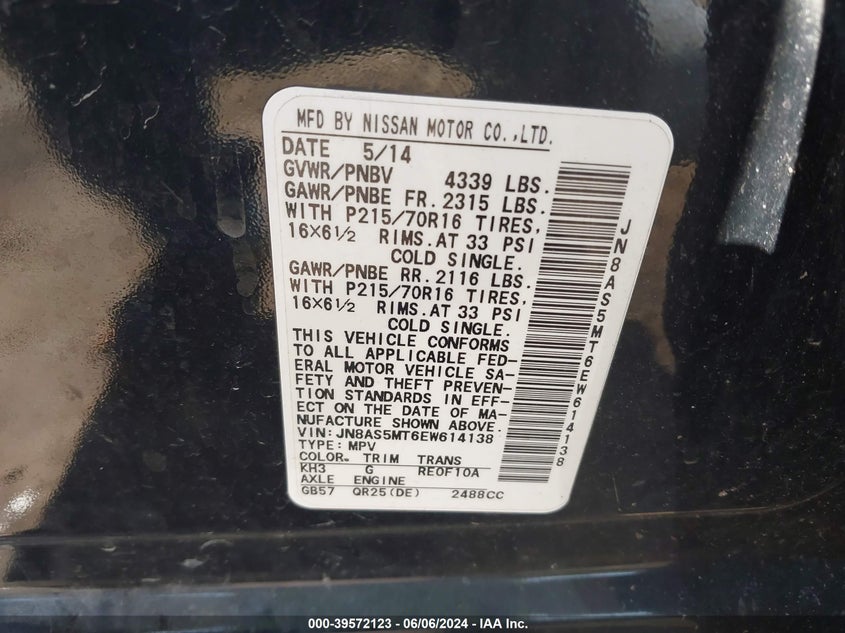 2014 Nissan Rogue Select S VIN: JN8AS5MT6EW614138 Lot: 39572123