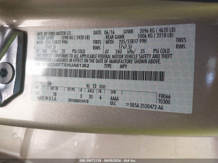 2017 Ford Escape S VIN: 1FMCU0F7XHUA61362 Lot: 39572138