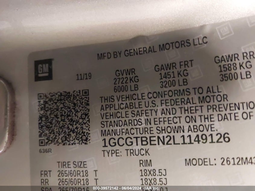 2020 CHEVROLET COLORADO - 1GCGTBEN2L1149126