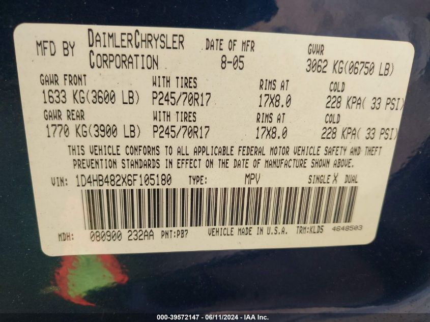 2006 Dodge Durango Slt VIN: 1D4HB482X6F105180 Lot: 39572147
