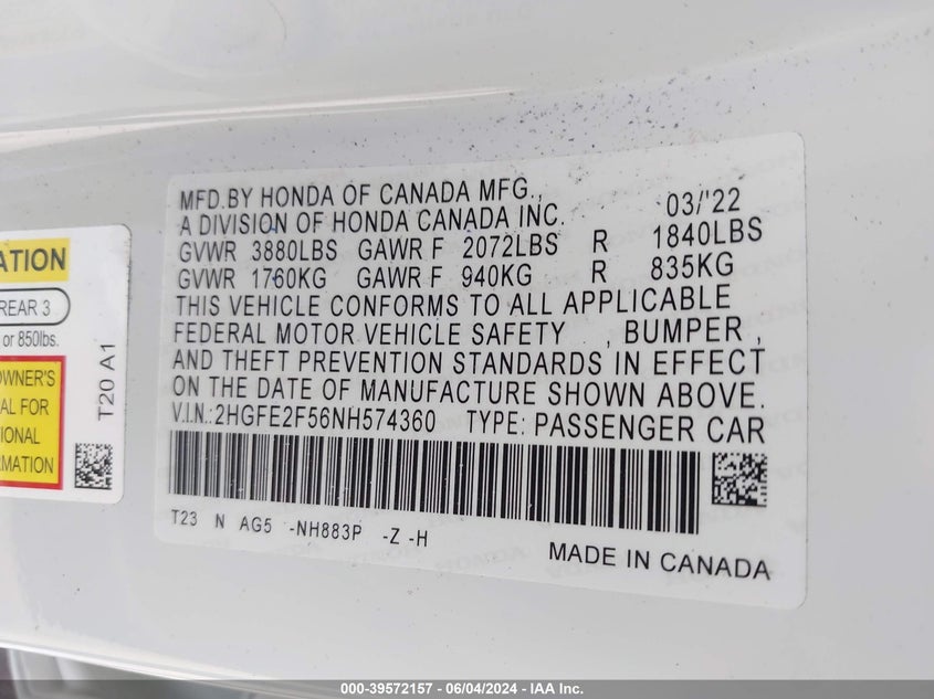 2022 HONDA CIVIC 2.0L I-4 DI, DOHC, V(VIN: 2HGFE2F56NH574360