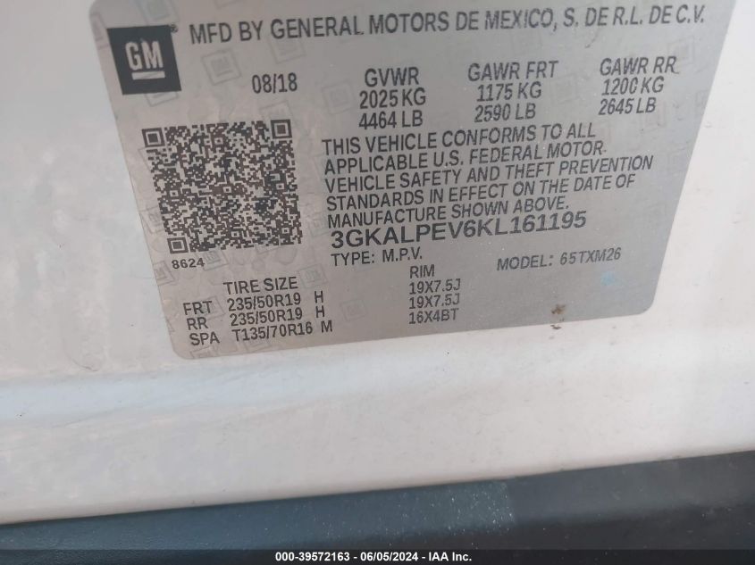 2019 GMC Terrain Slt VIN: 3GKALPEV6KL161195 Lot: 39572163