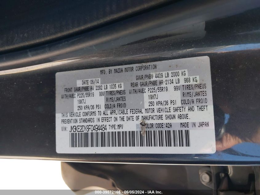 2015 Mazda Cx-5 Grand Touring VIN: JM3KE2DY8F0494484 Lot: 39572165