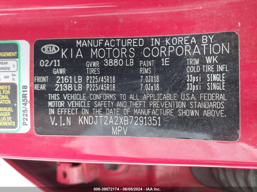 2011 Kia Soul + VIN: KNDJT2A2XB7291351 Lot: 39572174