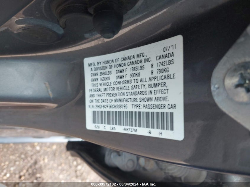 2012 Honda Civic Lx VIN: 2HGFB2F56CH308195 Lot: 39572182