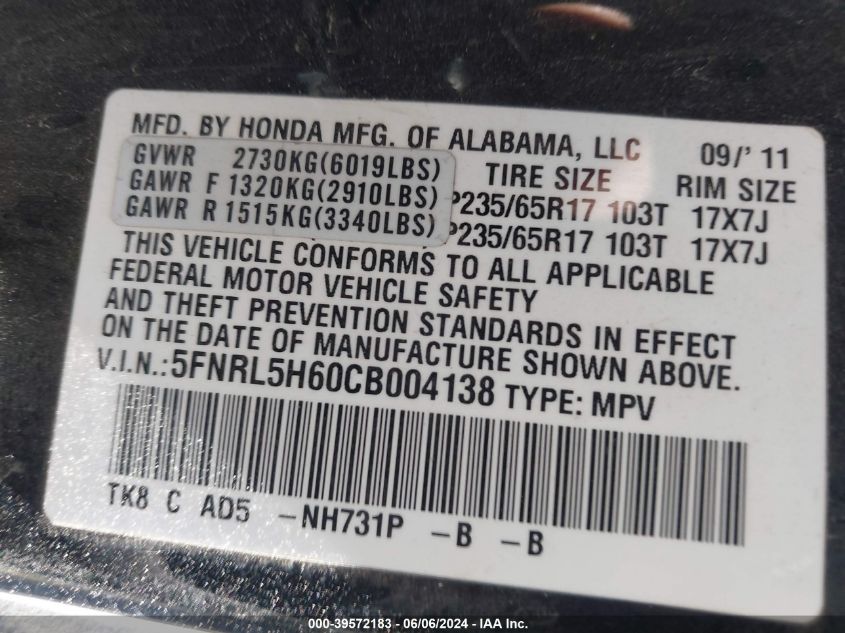 2012 Honda Odyssey Ex-L VIN: 5FNRL5H60CB004138 Lot: 39572183