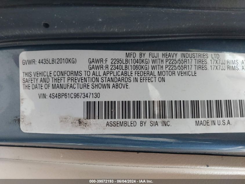 2006 Subaru Outback 2.5I VIN: 4S4BP61C967347130 Lot: 39572193