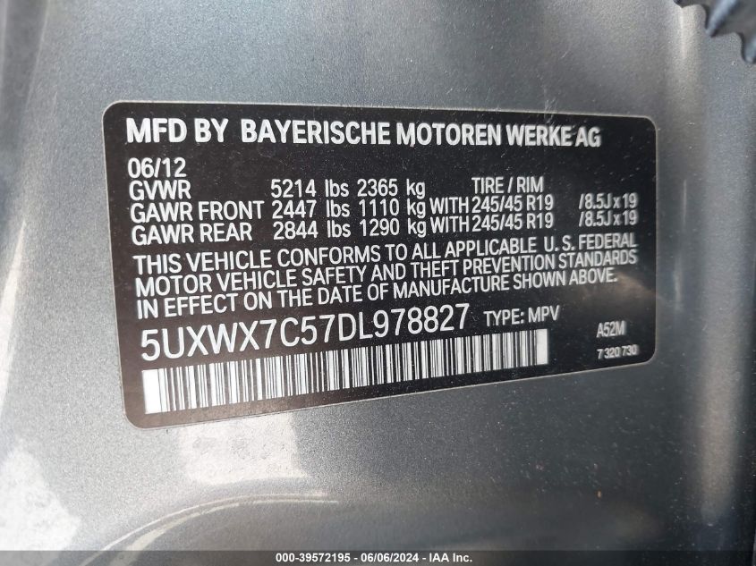 2013 BMW X3 xDrive35I VIN: 5UXWX7C57DL978827 Lot: 39572195