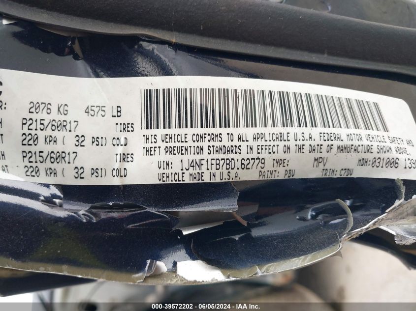 2011 Jeep Compass VIN: 1J4NF1FB7BD162779 Lot: 39572202