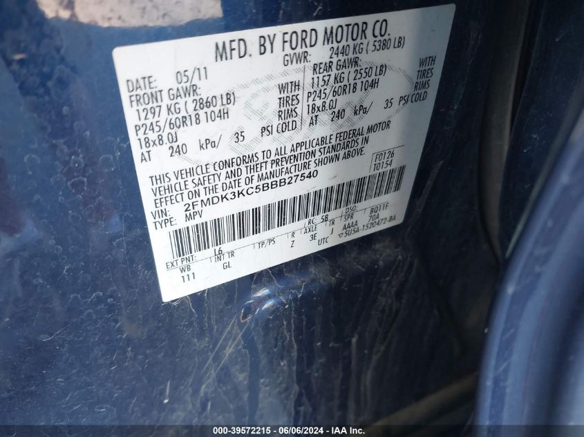 2011 Ford Edge Limited VIN: 2FMDK3KC5BBB27540 Lot: 39572215