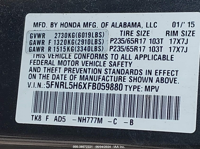 2015 Honda Odyssey Ex-L VIN: 5FNRL5H6XFB059880 Lot: 39572221