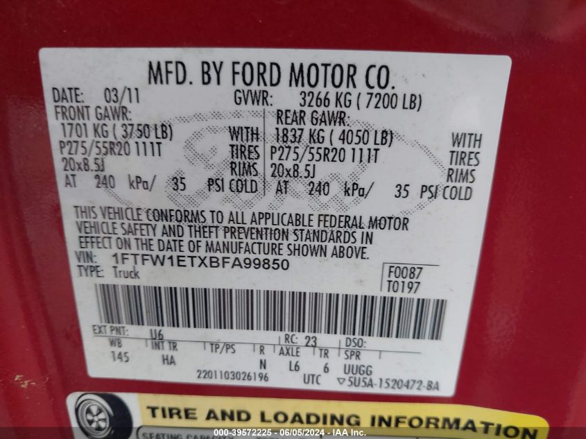 2011 Ford F-150 Lariat VIN: 1FTFW1ETXBFA99850 Lot: 39572225