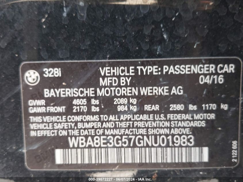 2016 BMW 328I xDrive VIN: WBA8E3G57GNU01983 Lot: 39572227