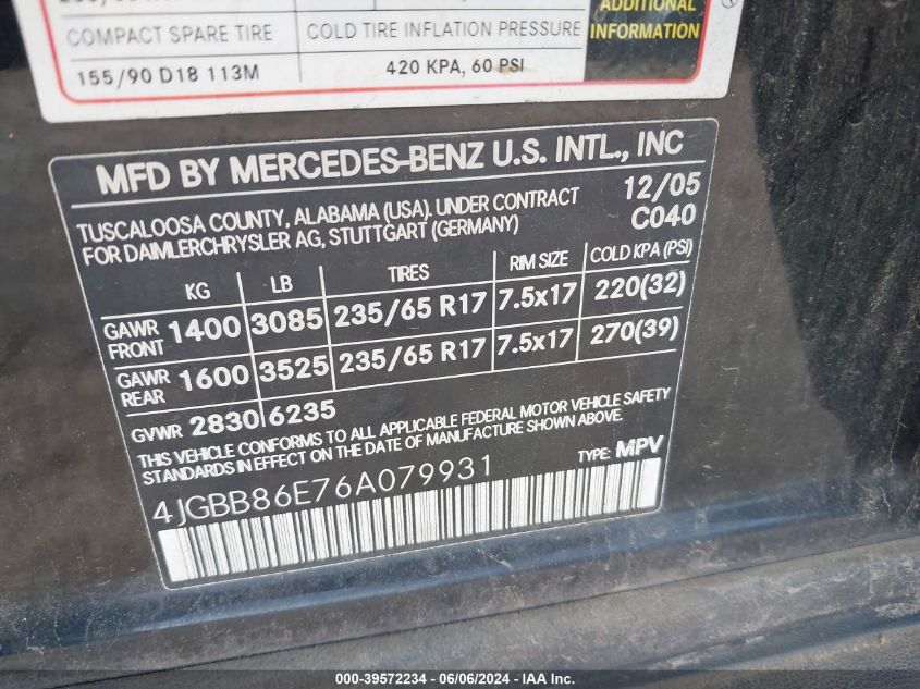 2006 Mercedes-Benz Ml 350 4Matic VIN: 4JGBB86E76A079931 Lot: 39572234